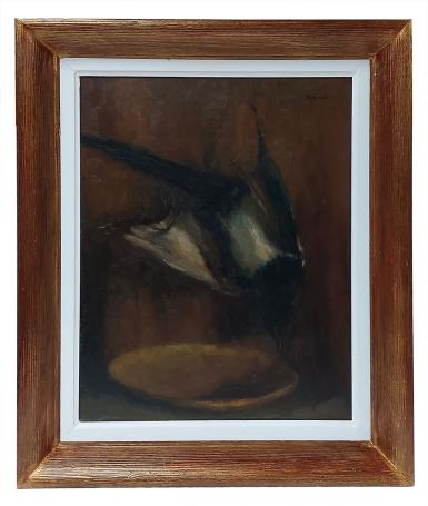 Stilleven, ekster boven de schaal