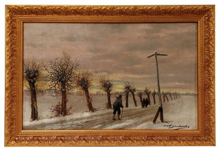 Man en dames op wandel in de winter – Olie op doek – Josef Schakewits