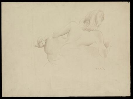 Potloodtekening, rug van een naakt zittende dame