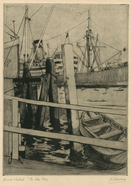 Belgische kunstenaar R. Schönberg met een ets van het schip 