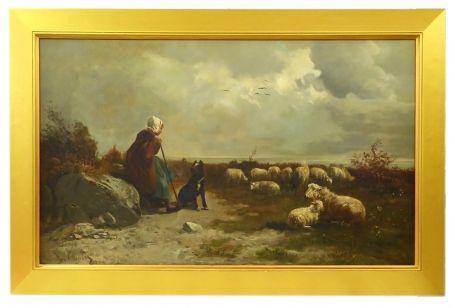 Schaapherderin met hond op de heide
