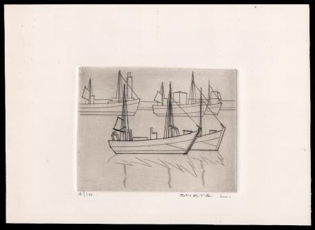 Oostende twee kleine en drie grotere bootjes 4/10