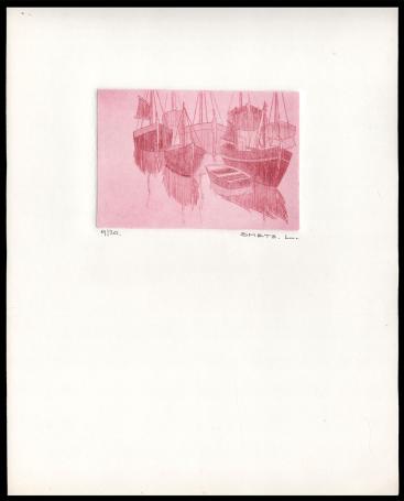 Zeilbootjes en sloep bij elkaar op het water 9/20