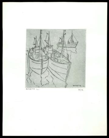 burijngravure, 3 vissersbootjes op het water 3/10