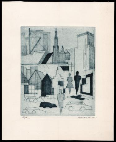 De gestileerde stad met mensen en auto's 4/10