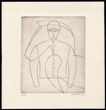 Droge naald ets, de jockey en zijn paard (bruin) E.A.