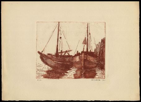 Burijngravure, twee vissersboten aan de kust 6/10