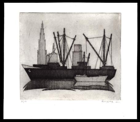 Groot schip aan de Antwerpse kade (zwart) 3/10