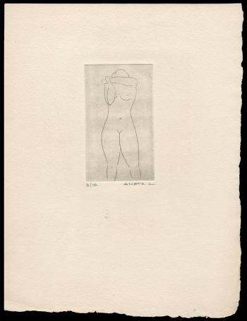 Kleine ets, naakt staand handen voor het hoofd 2/10