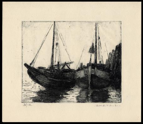 Burijngravure, twee vissersboten aan de kust 3/10