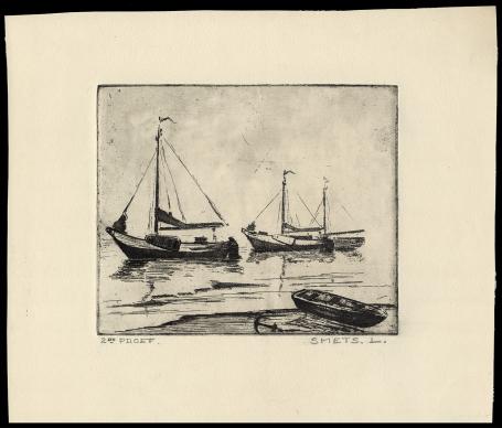 3 zeilboten en sloep met anker aan de kant, 2de proef