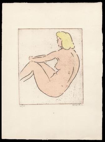 Opgehoogde ets, naakt gezeten dame die zich ontspant 10/20