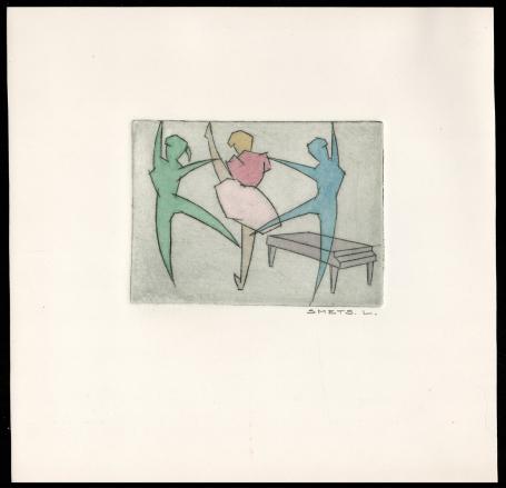 Opgehoogde ets, gestileerde danseressen en piano