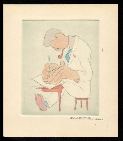 Opgehoogde ets, tekenaar met pijp en roze schoenen