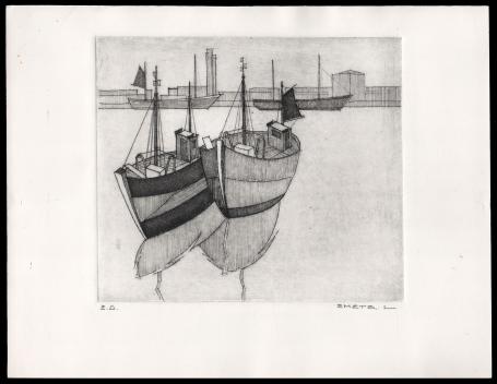 Twee vissersboten in het water te Oostende (b) E.A.