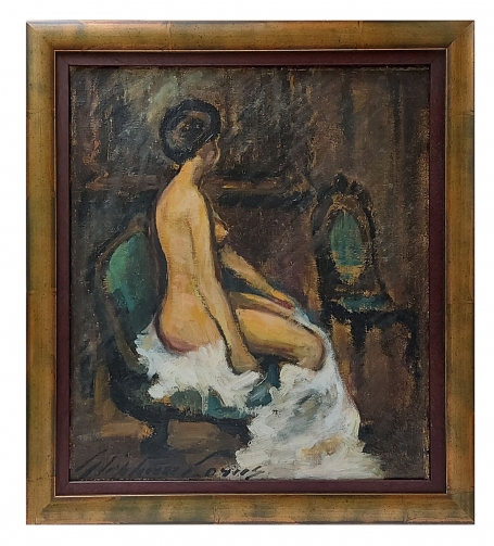 Naakt zittende dame en twee stoelen