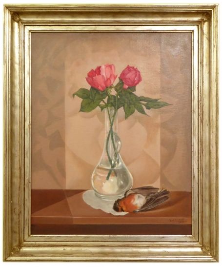 Stilleven Vaas met rozen en roodborstje 2001