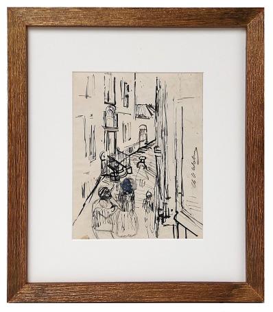 Tekening, 4 mensen in de straat