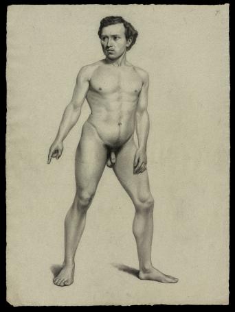 19 de eeuwse tekening, man wijzend naar beneden