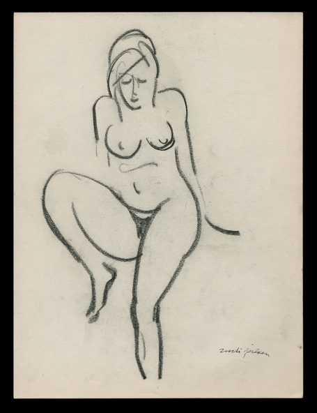 Houtskooltekening, naakt zittende speelse dame