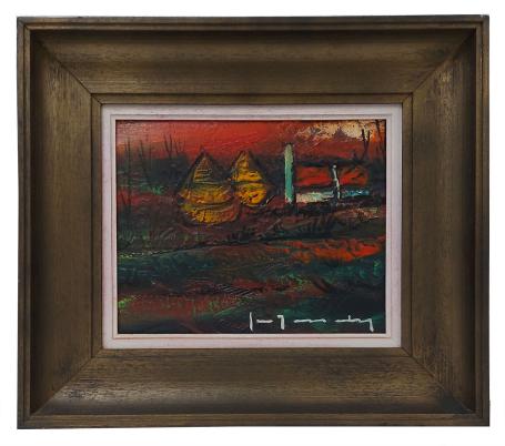 Neo-expressionistisch landschapje met boerderij en hooimijten