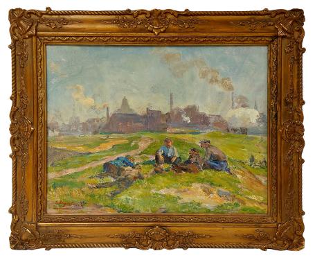 Fabrieksarbeiders schaften in het veld