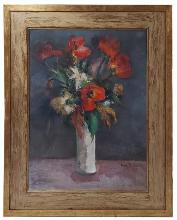 Stilleven, bloemen in vaas op tafel 1986