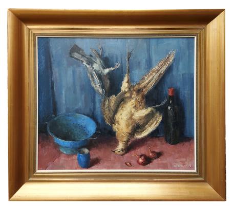 Stilleven, Fazant en blauwe schalen