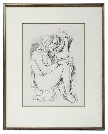 Tekening, Dame spelend met een bloempje 1980