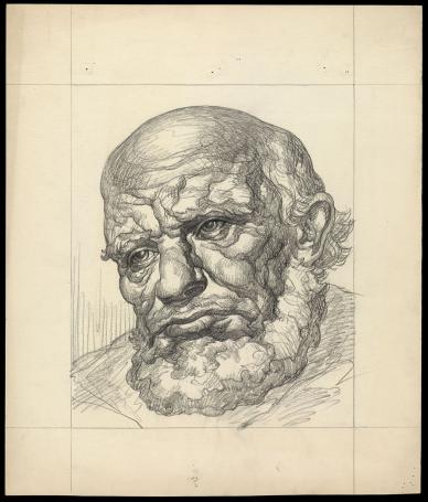 Tekening, karakterkop met baard