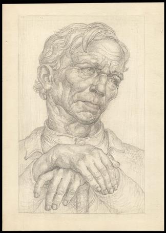 Tekening W, luisterende man steunend op een stok