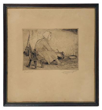 Ets, Meisje dat bakt op een houtvuur in de haard 1956 proefdruk