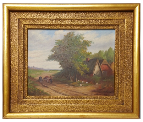 Boerderij met karrespoor en boerin met twee koeien