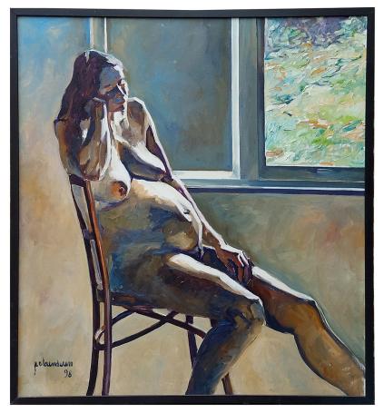 Naakt zittende zwangere dame 1998