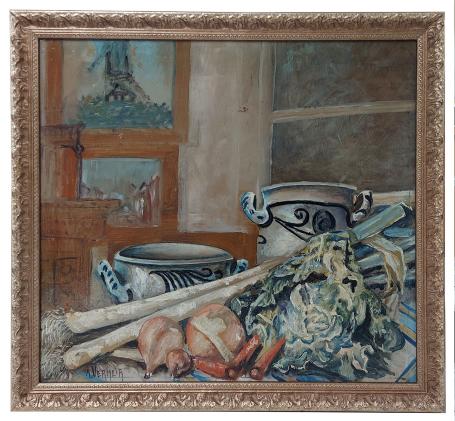 Stilleven met groenten en twee aarden potten op tafel