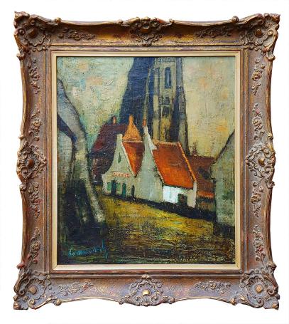 De witte huisjes aan de kerk te Damme – Oil on canvas – Gerard Vermeersch