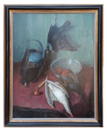 Stilleven Tafel met vogels schaal kan en mes 1966