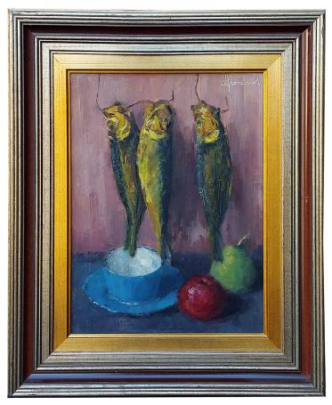 Stilleven, Haringen,blauwe tas rode en groene appel