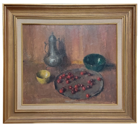 Stilleven met tinnen kan en kersen