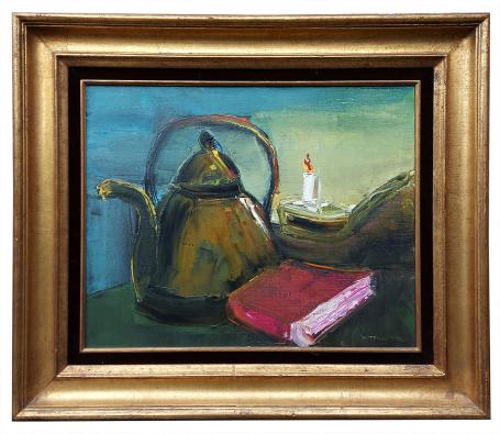 Stilleven, boek, kaars en koffiekan