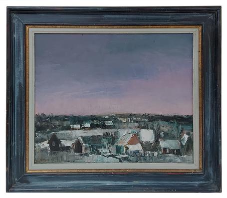 Landschap met paars-roze lucht, sneeuw in aantocht