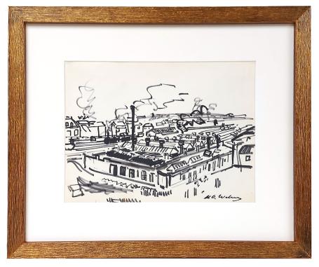 Tekening, de fabriek aan het spoor