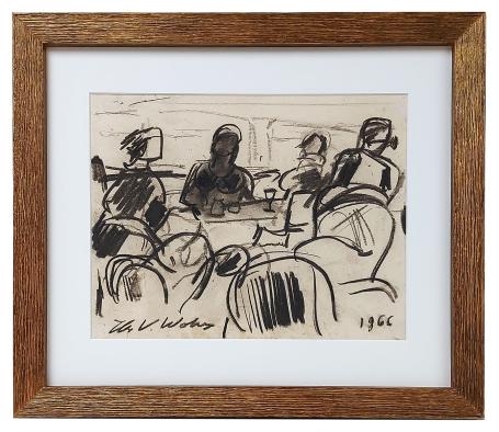 Houtskooltekening, met vrienden aan tafel 1966