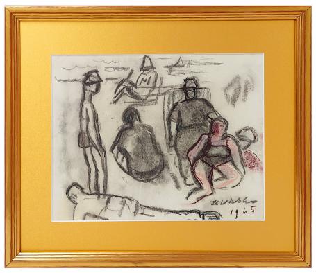 Tekening, badgasten op het strand 1965