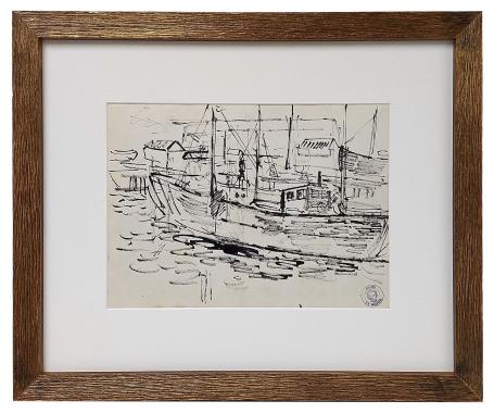 Tekening, vissersboot aan de kant